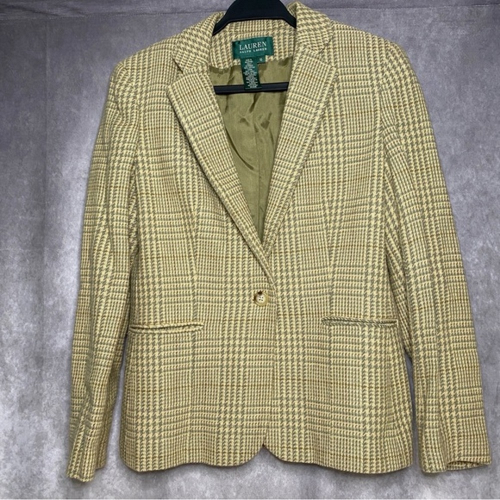Lauren Ralph Lauren Tan Plaid Blazer Jacket Womens‎ 10 100% Cotton Single Button